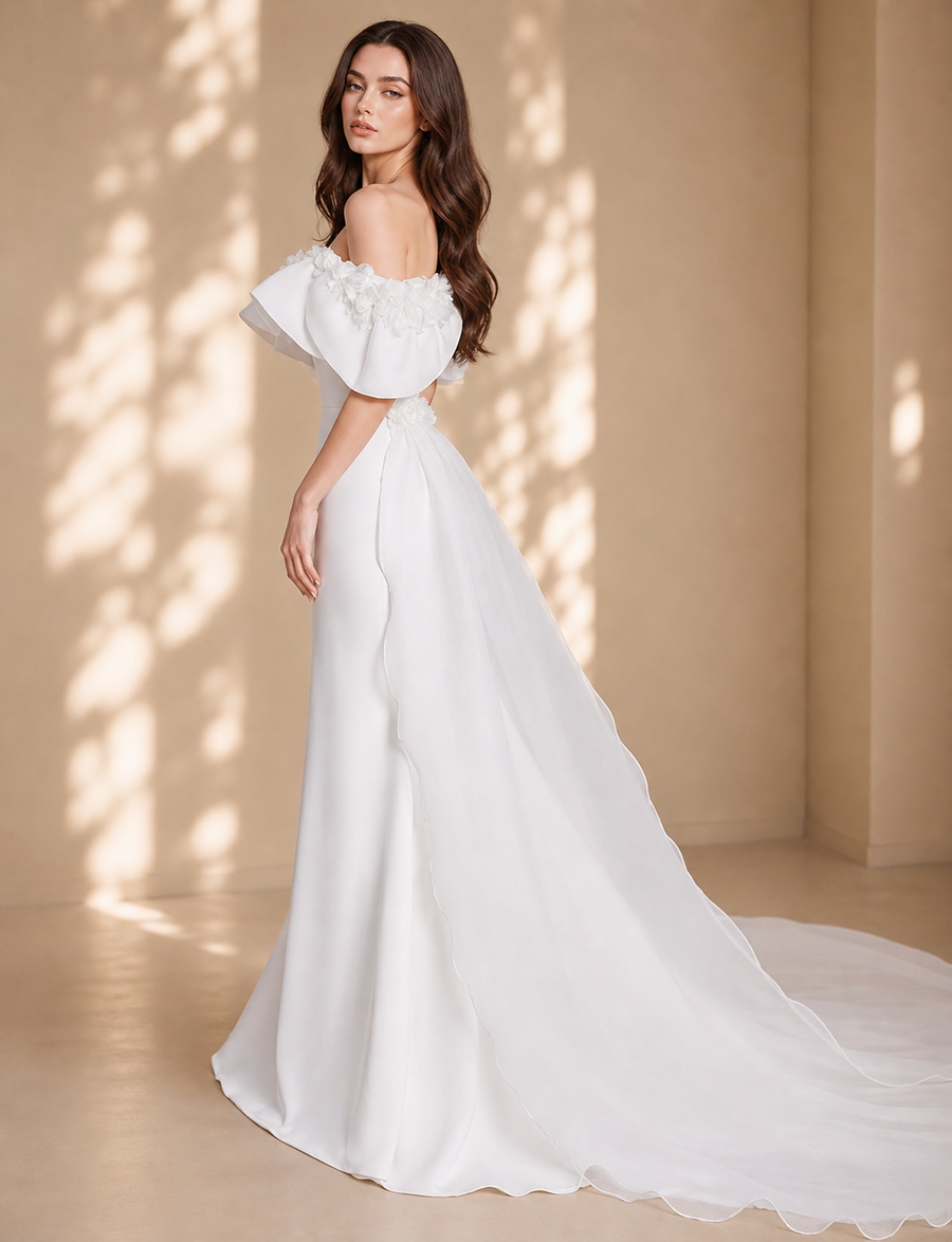 Off-Shoulder Ruffle Mermaid Wedding Gown - Sculpted Satin Silhouette with Sheer Flowing Train