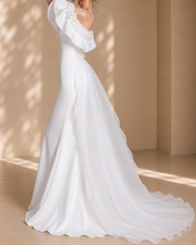 Off-Shoulder Ruffle Mermaid Wedding Gown - Sculpted Satin Silhouette with Sheer Flowing Train