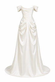 Ivory Satin Off-Shoulder Wedding Gown - Draped Bodice & Extended Train Elegance