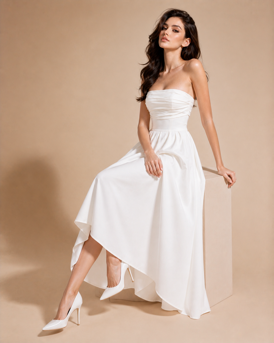 Strapless Draped Midi Dress - Effortless Elegance in Motion