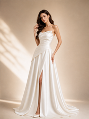 LALLORA Minimalist Strapless Satin Wedding Dress – Modern Bridal Gown with High Slit