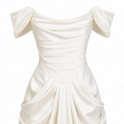 Ivory Satin Off-Shoulder Wedding Gown - Draped Bodice & Extended Train Elegance