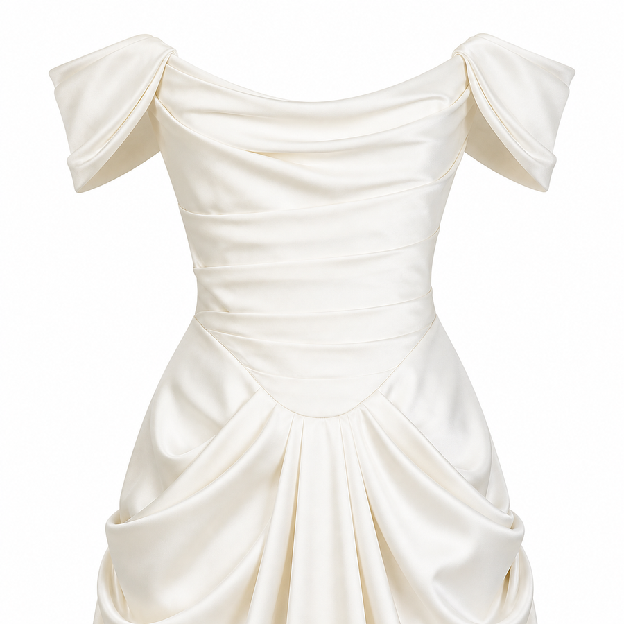 Ivory Satin Off-Shoulder Wedding Gown - Draped Bodice & Extended Train Elegance