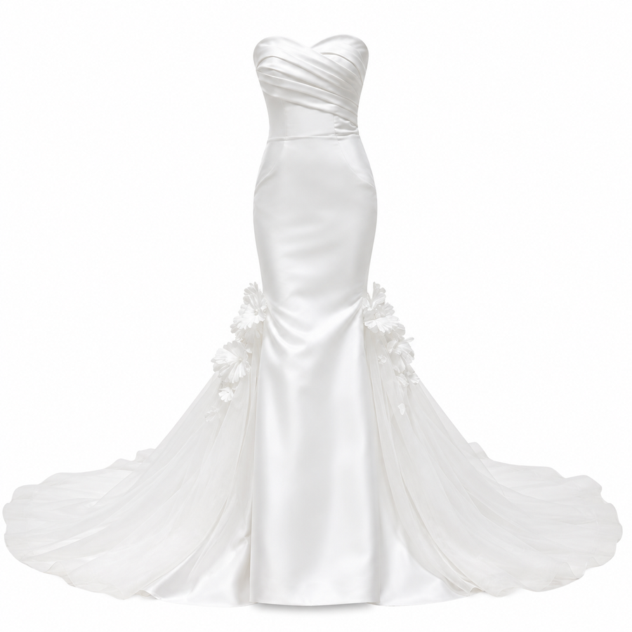 Ivory Sculpted Mermaid Wedding Gown - Strapless Floral Train Bridal Dress