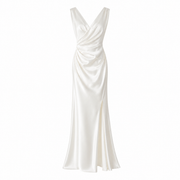 Ivory Satin Draped Evening Gown - Minimalist Couture Bridal Dress