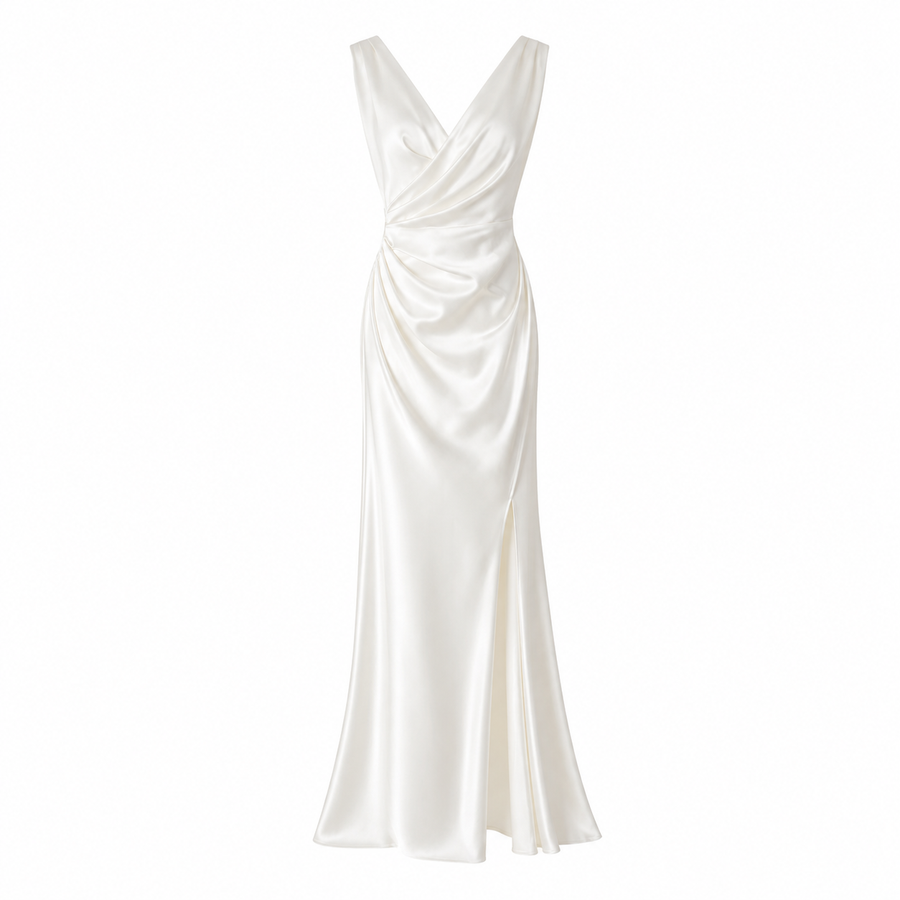 Ivory Satin Draped Evening Gown - Minimalist Couture Bridal Dress