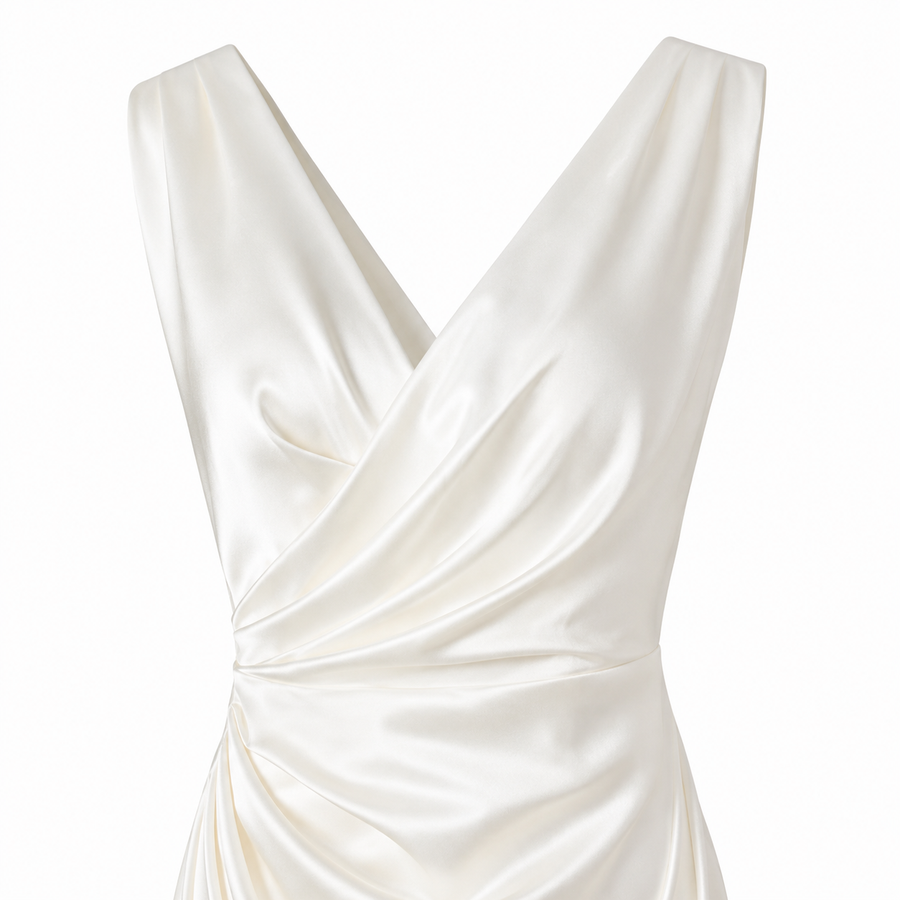 Ivory Satin Draped Evening Gown - Minimalist Couture Bridal Dress