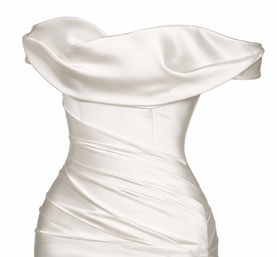 LALLORA Off-Shoulder Matte Satin Mermaid Wedding Gown - Sculpted Couture Bridal Dress with Elegant Train