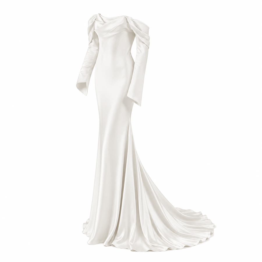 Ivory Satin Off-Shoulder Mermaid Wedding Dress - Minimalist Couture Bridal Gown