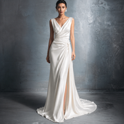 Ivory Satin Draped Evening Gown - Minimalist Couture Bridal Dress