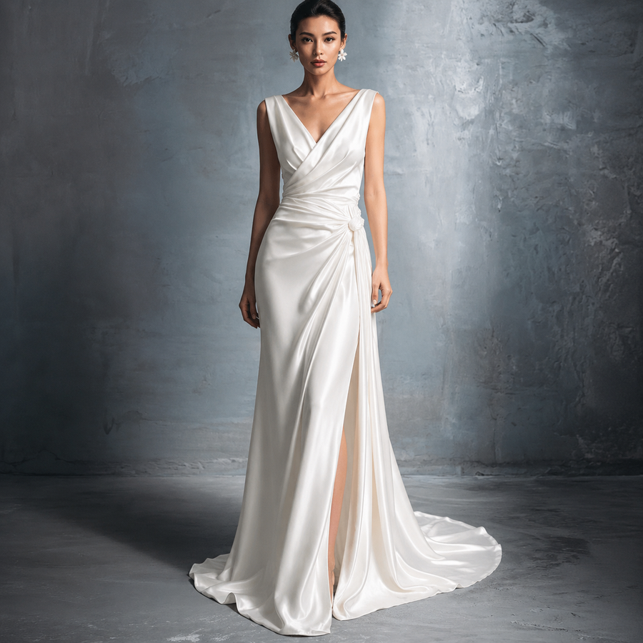 Ivory Satin Draped Evening Gown - Minimalist Couture Bridal Dress