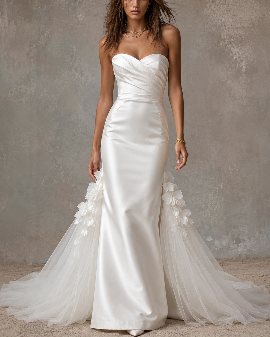 Ivory Sculpted Mermaid Wedding Gown - Strapless Floral Train Bridal Dress