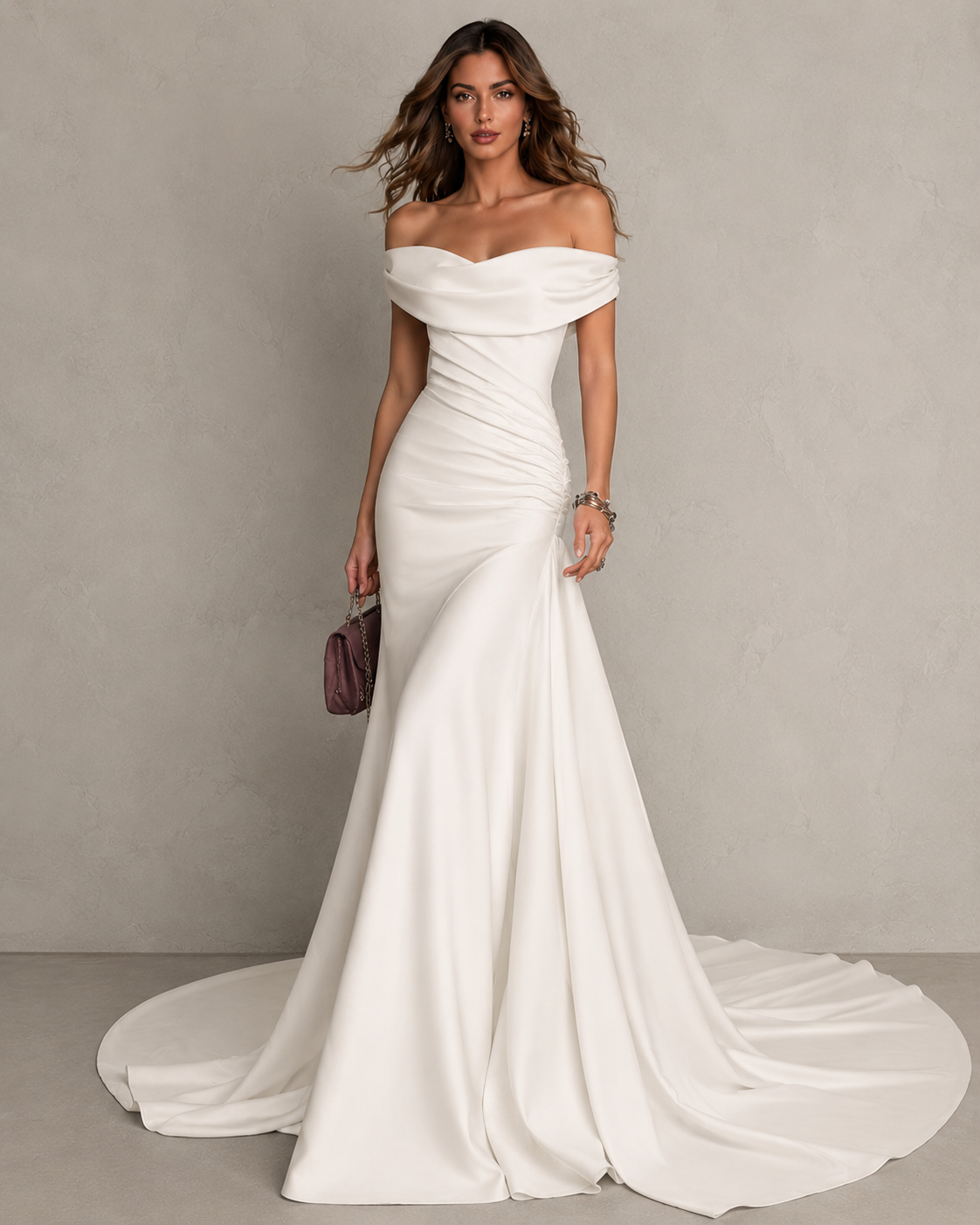 LALLORA Off-Shoulder Matte Satin Mermaid Wedding Gown - Sculpted Couture Bridal Dress with Elegant Train