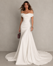 LALLORA Off-Shoulder Matte Satin Mermaid Wedding Gown - Sculpted Couture Bridal Dress with Elegant Train