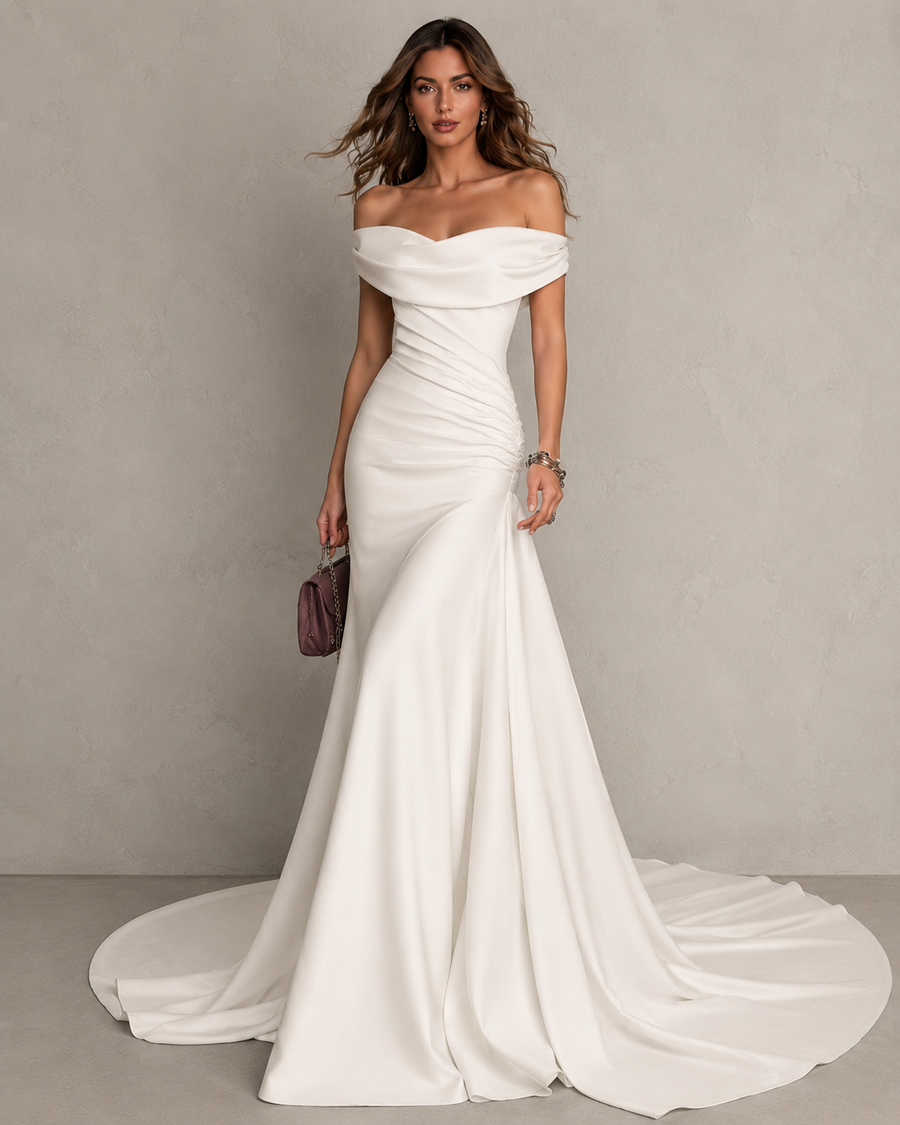 LALLORA Off-Shoulder Matte Satin Mermaid Wedding Gown - Sculpted Couture Bridal Dress with Elegant Train