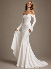 Ivory Satin Off-Shoulder Mermaid Wedding Dress - Minimalist Couture Bridal Gown