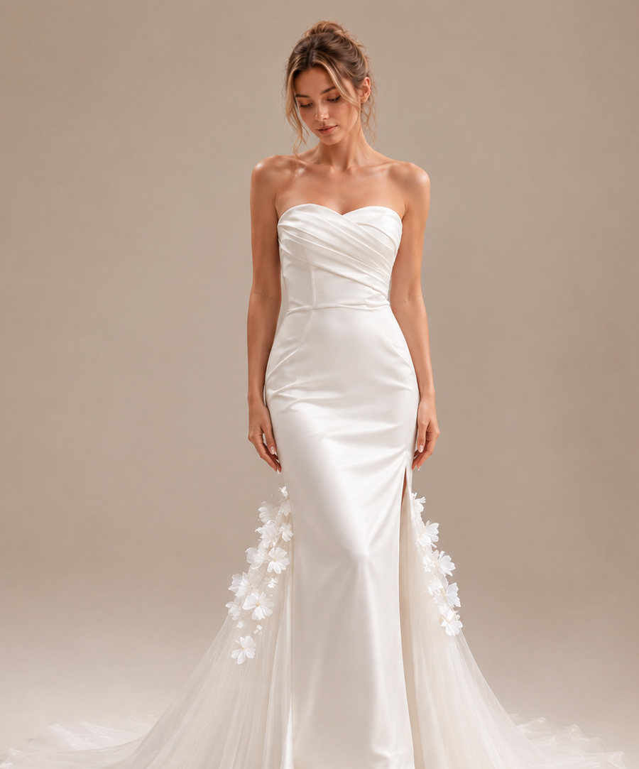 Ivory Sculpted Mermaid Wedding Gown - Strapless Floral Train Bridal Dress