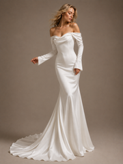 Ivory Satin Off-Shoulder Mermaid Wedding Dress - Minimalist Couture Bridal Gown