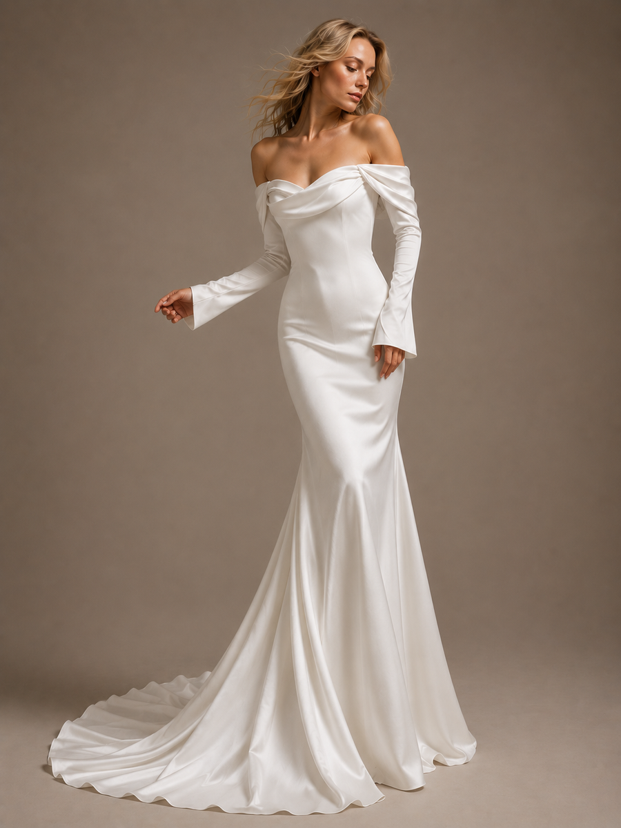 Ivory Satin Off-Shoulder Mermaid Wedding Dress - Minimalist Couture Bridal Gown
