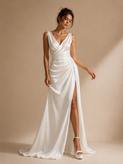 Ivory Satin Draped Evening Gown - Minimalist Couture Bridal Dress