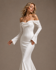 Ivory Satin Off-Shoulder Mermaid Wedding Dress - Minimalist Couture Bridal Gown