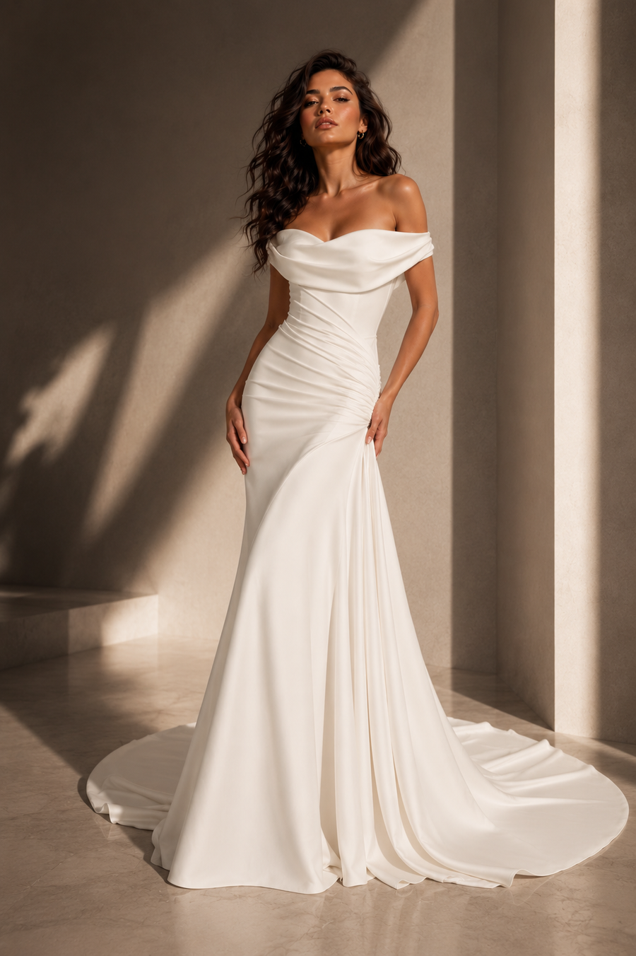 Off Shoulder Satin Mermaid Wedding Dress