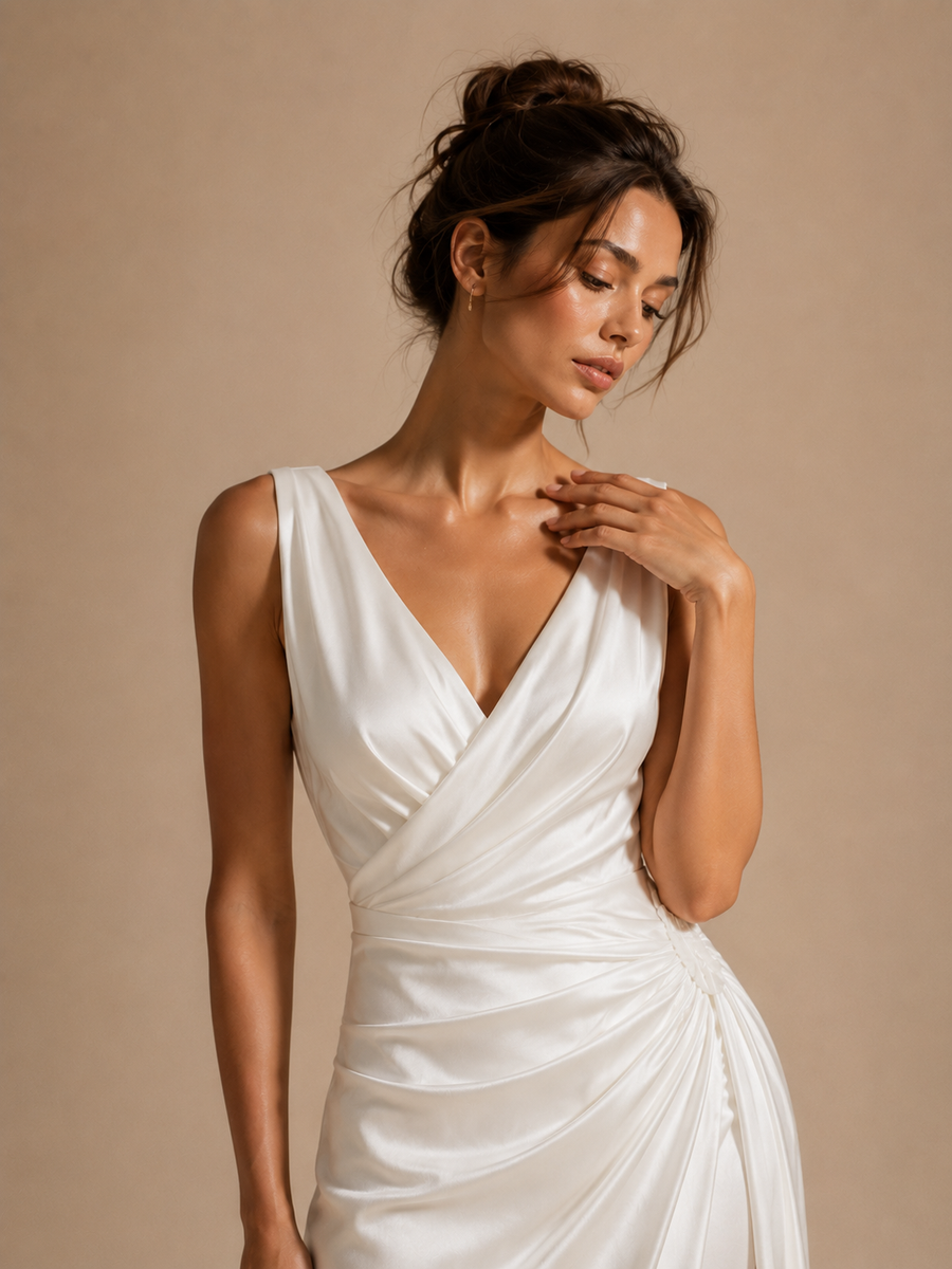 Ivory Satin Draped Evening Gown - Minimalist Couture Bridal Dress