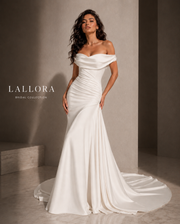 LALLORA Off-Shoulder Matte Satin Mermaid Wedding Gown - Sculpted Couture Bridal Dress with Elegant Train