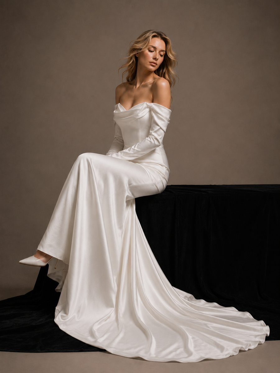 Ivory Satin Off-Shoulder Mermaid Wedding Dress - Minimalist Couture Bridal Gown