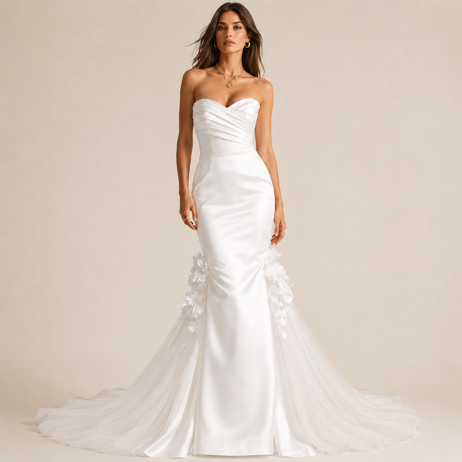 Ivory Sculpted Mermaid Wedding Gown - Strapless Floral Train Bridal Dress