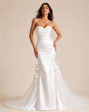 Ivory Sculpted Mermaid Wedding Gown - Strapless Floral Train Bridal Dress