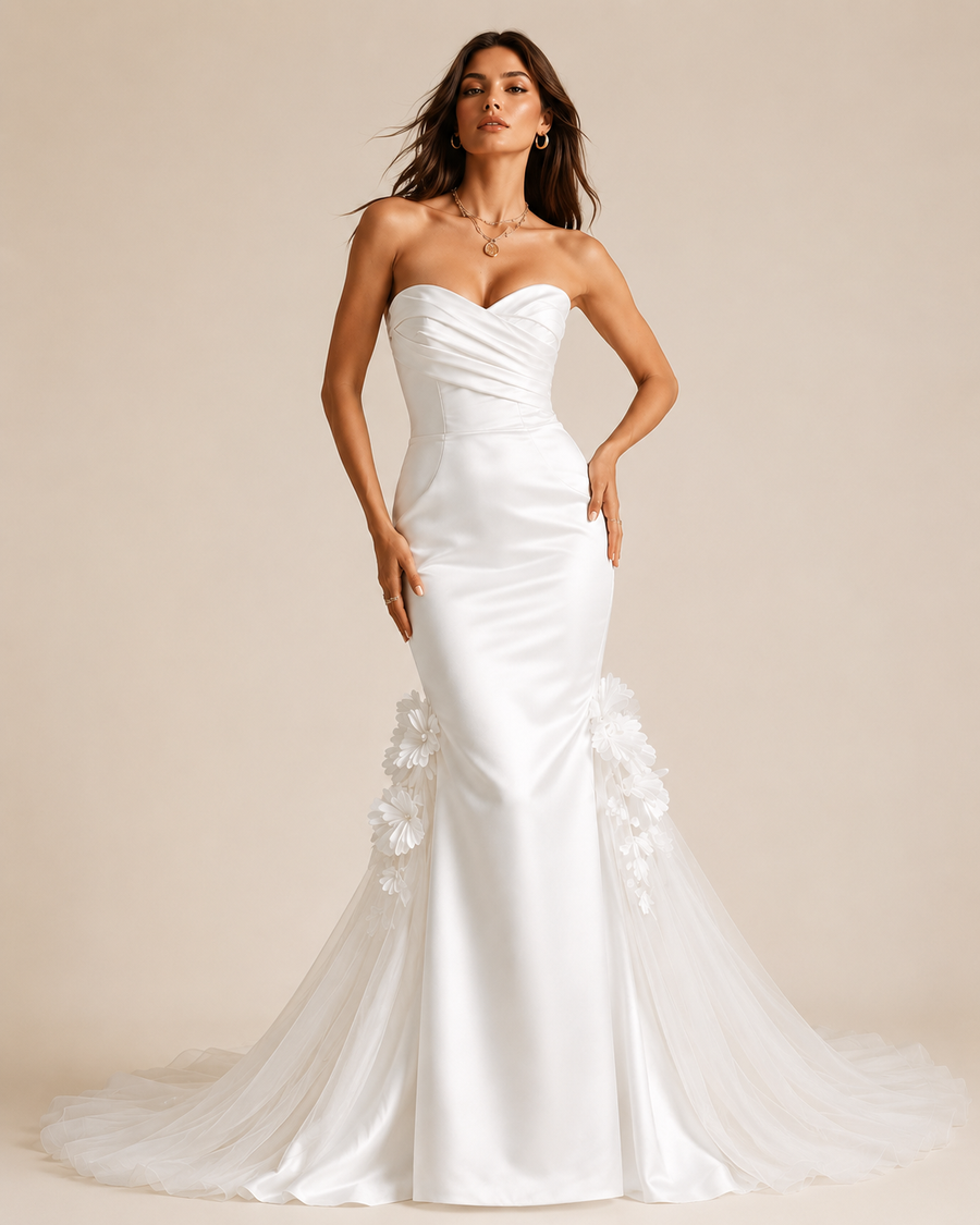 Ivory Sculpted Mermaid Wedding Gown - Strapless Floral Train Bridal Dress