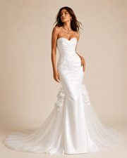 Ivory Sculpted Mermaid Wedding Gown - Strapless Floral Train Bridal Dress
