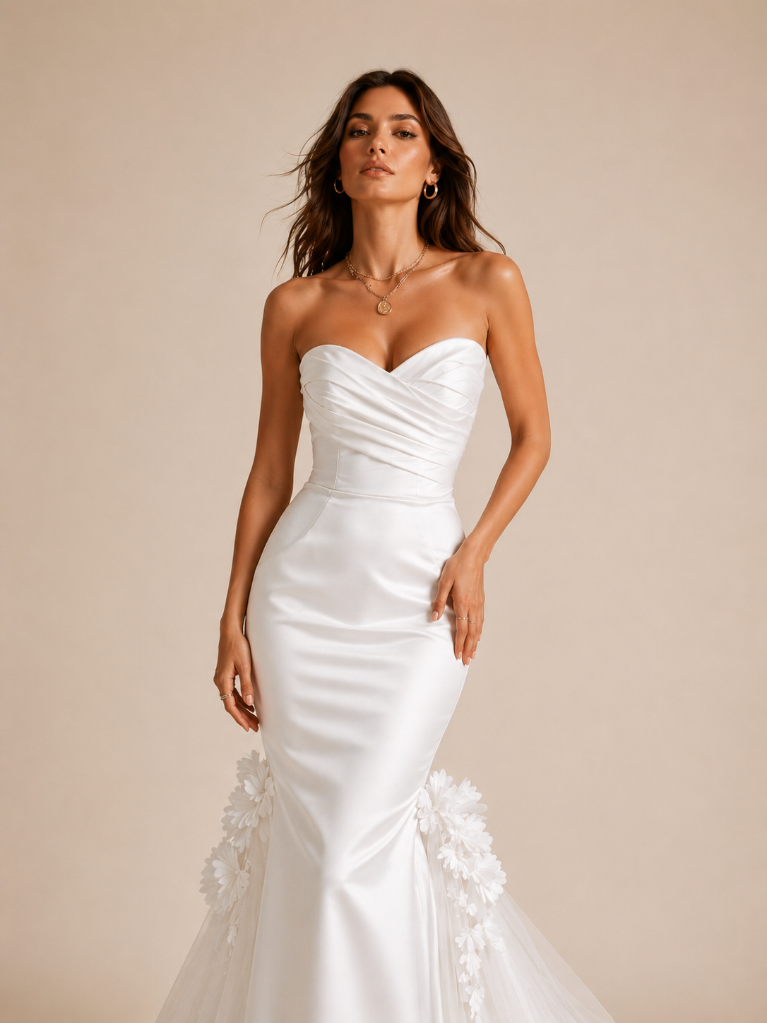 Ivory Sculpted Mermaid Wedding Gown - Strapless Floral Train Bridal Dress