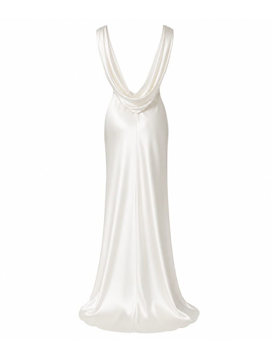 Ivory Satin Draped Evening Gown - Minimalist Couture Bridal Dress