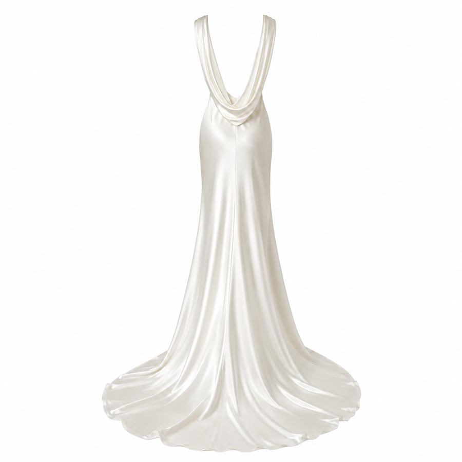 Ivory Satin Draped Evening Gown - Minimalist Couture Bridal Dress