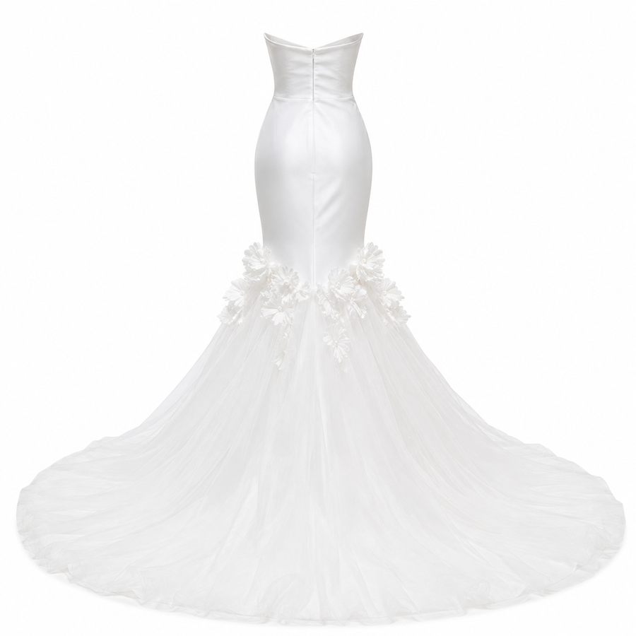 Ivory Sculpted Mermaid Wedding Gown - Strapless Floral Train Bridal Dress