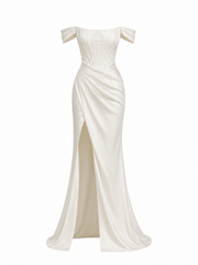 LALLORA Off-Shoulder Draped Corset Satin Wedding Gown - Sculpted Mermaid Bridal Dress with Elegant Slit