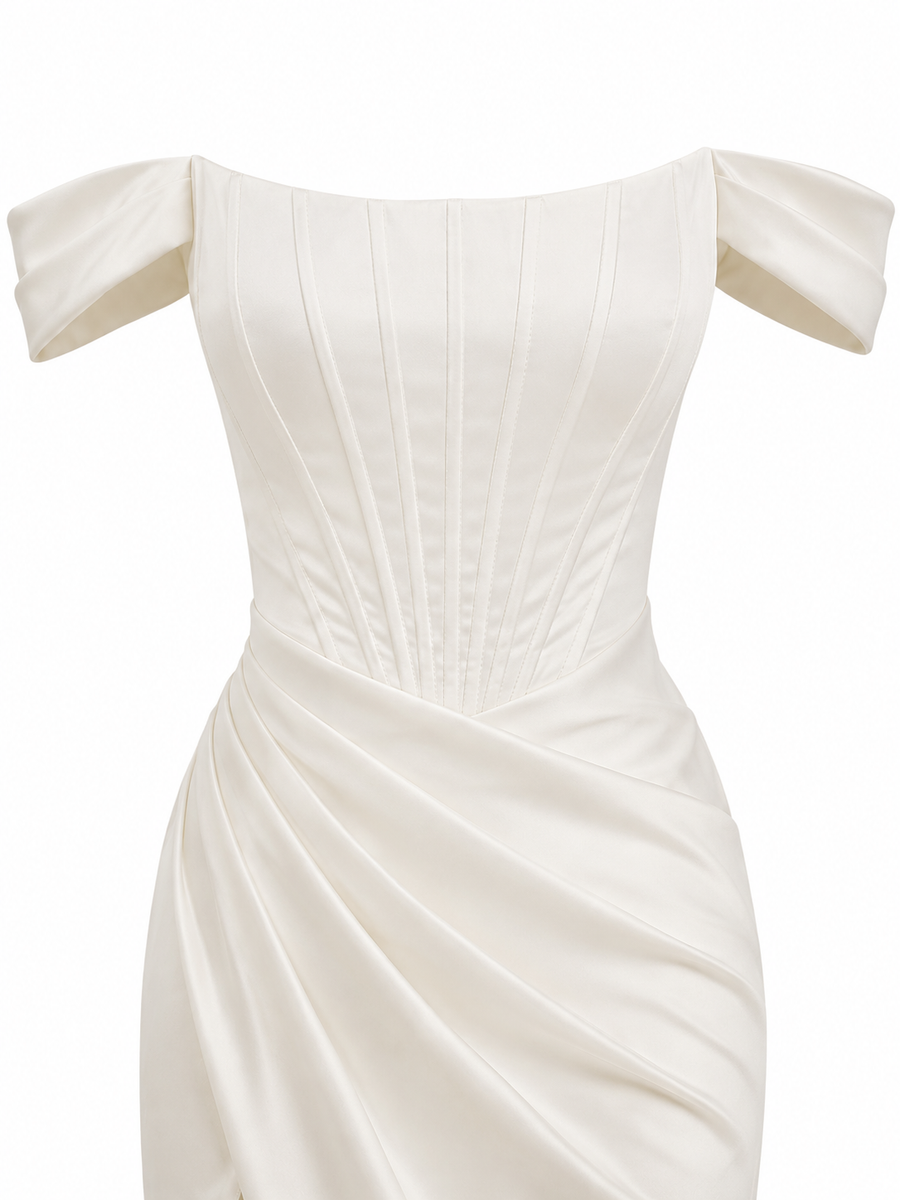 LALLORA Off-Shoulder Draped Corset Satin Wedding Gown - Sculpted Mermaid Bridal Dress with Elegant Slit