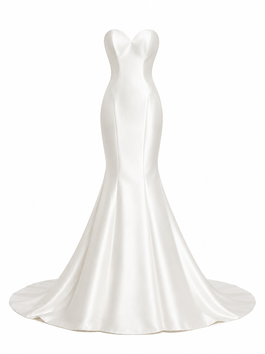 Elegant sculpted satin mermaid dress with sweetheart neckline and contoured silhouette for wedding guests