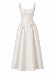 LALLORA Minimalist Low Back Midi Dress - French Elegant A-Line Satin Dress with Sculpted Waist