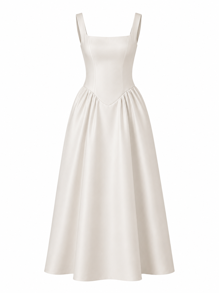 LALLORA Minimalist Low Back Midi Dress - French Elegant A-Line Satin Dress with Sculpted Waist