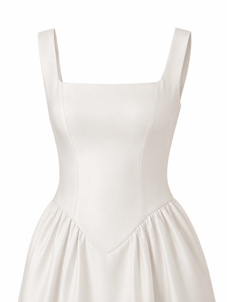 LALLORA Minimalist Low Back Midi Dress - French Elegant A-Line Satin Dress with Sculpted Waist