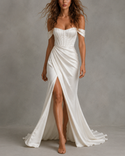 LALLORA Off-Shoulder Draped Corset Satin Wedding Gown - Sculpted Mermaid Bridal Dress with Elegant Slit