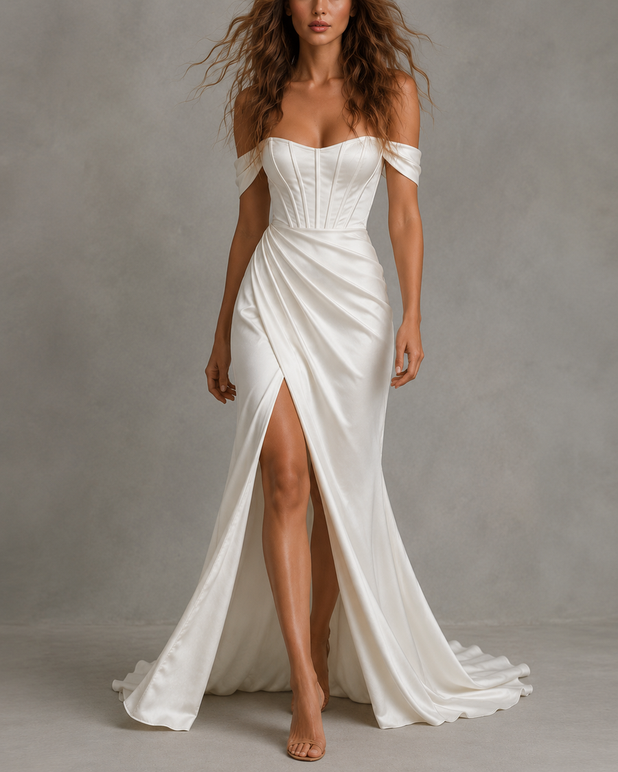 LALLORA Off-Shoulder Draped Corset Satin Wedding Gown - Sculpted Mermaid Bridal Dress with Elegant Slit