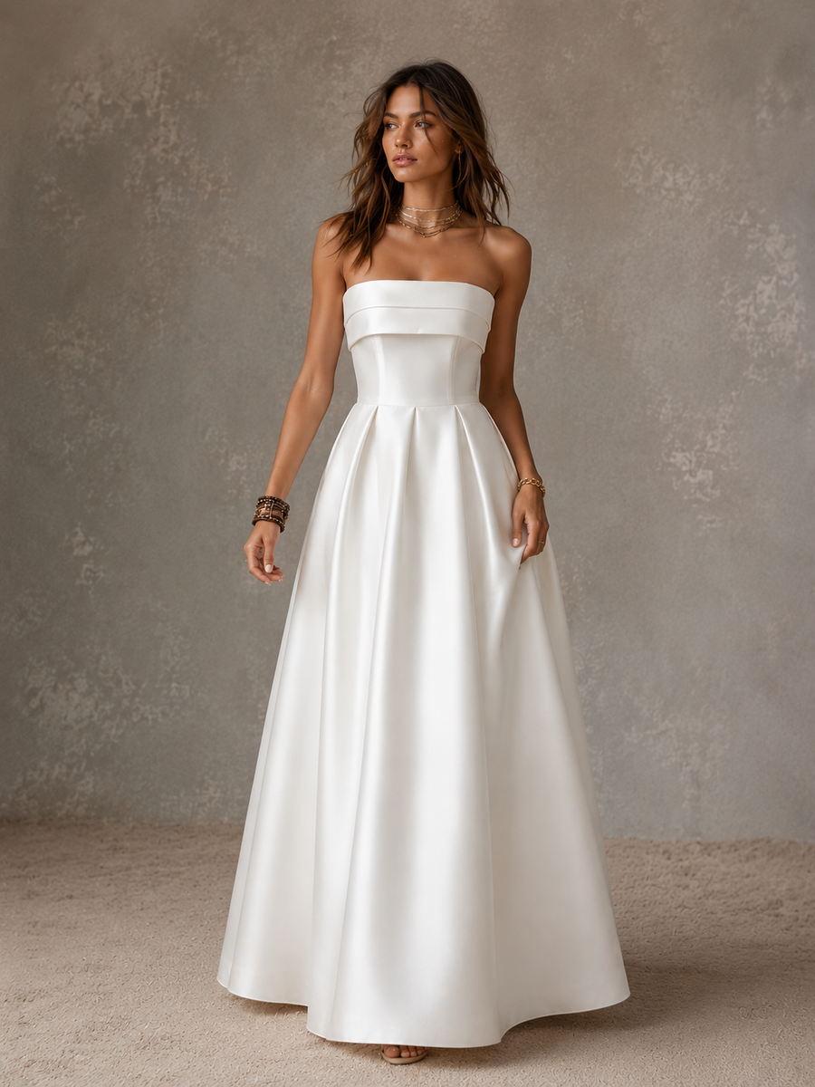 Minimalist Satin Strapless A-Line Gown - Modern Couture Evening Dress