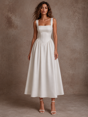 LALLORA Minimalist Low Back Midi Dress - French Elegant A-Line Satin Dress with Sculpted Waist