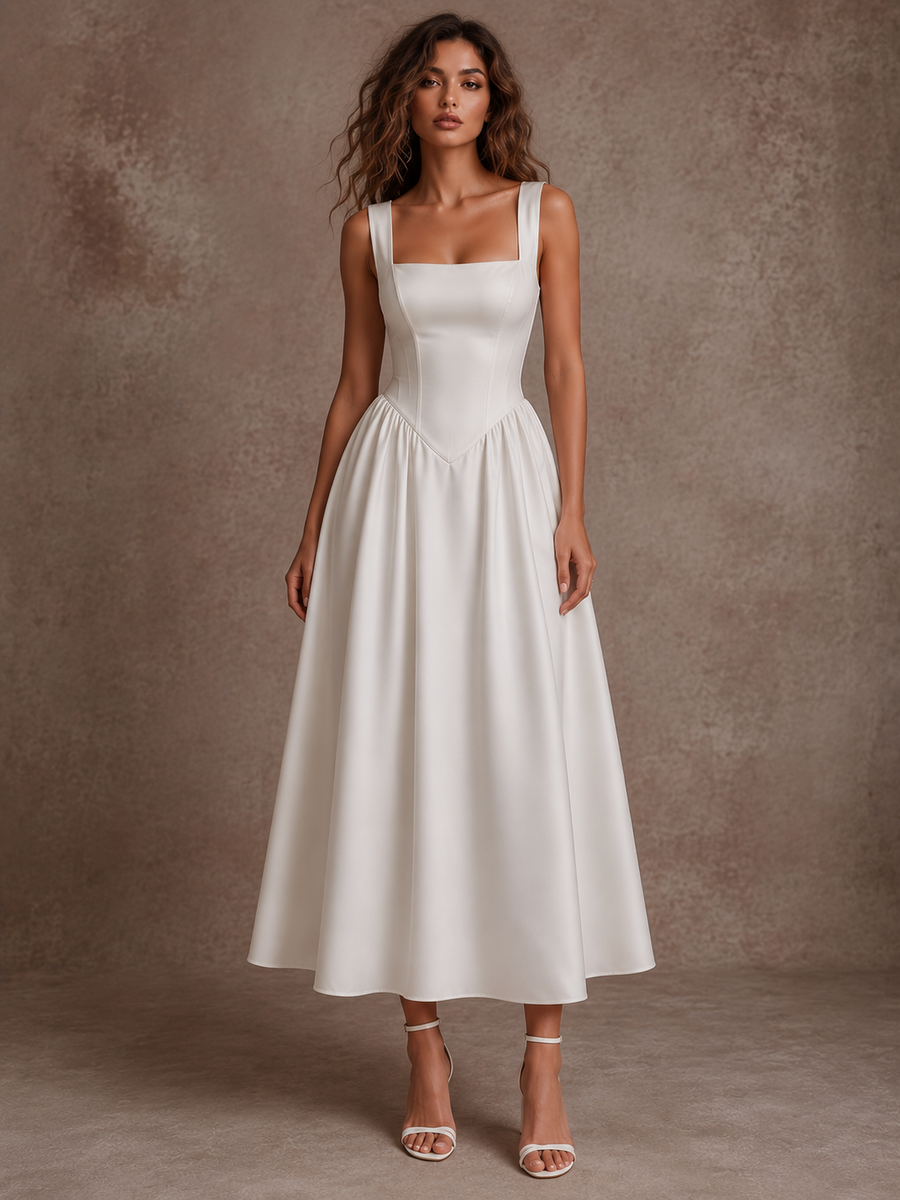 LALLORA Minimalist Low Back Midi Dress - French Elegant A-Line Satin Dress with Sculpted Waist