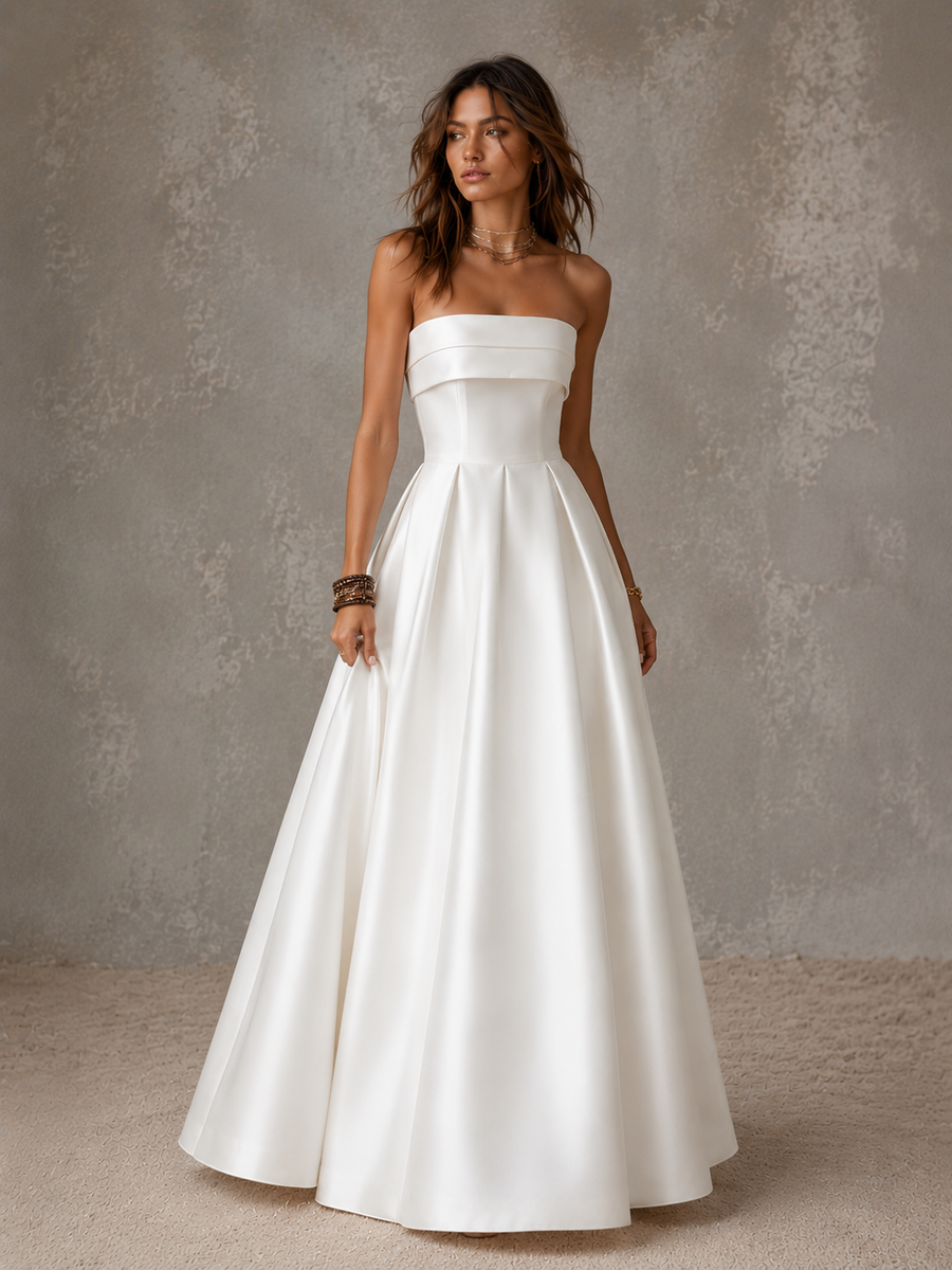 simple strapless wedding dress White Satin A-Line Dresses with Slit VK24090903 Vickidress The sweep train adds a touch of grace Angelisa Strapless Satin Gown -