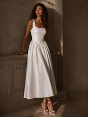 LALLORA Minimalist Low Back Midi Dress - French Elegant A-Line Satin Dress with Sculpted Waist